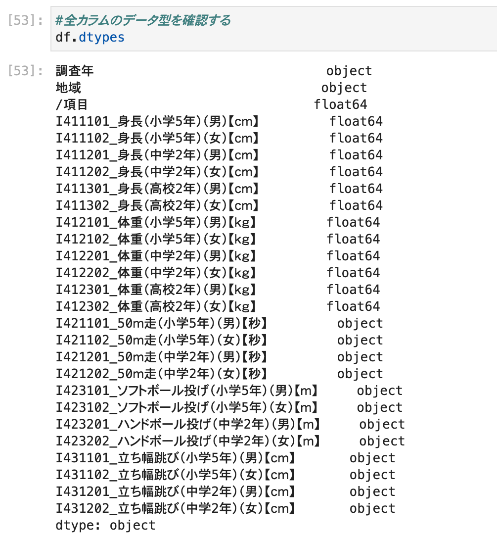 df.dtypesの実行結果